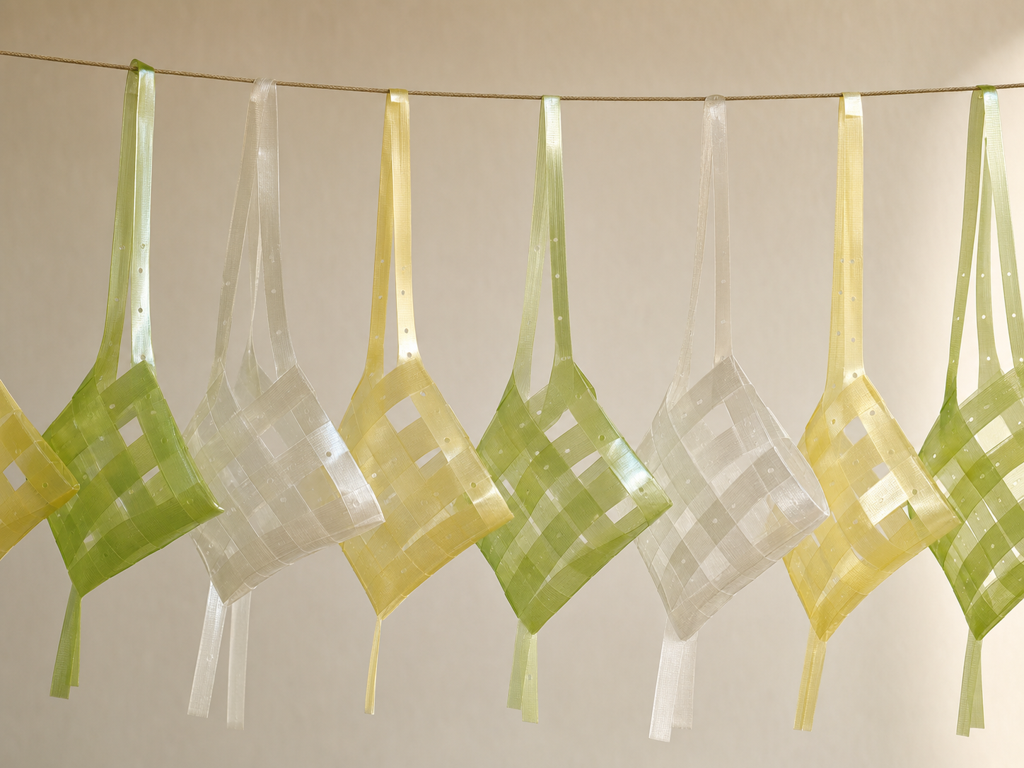 Ketupat plastic casings hung in a row before packing