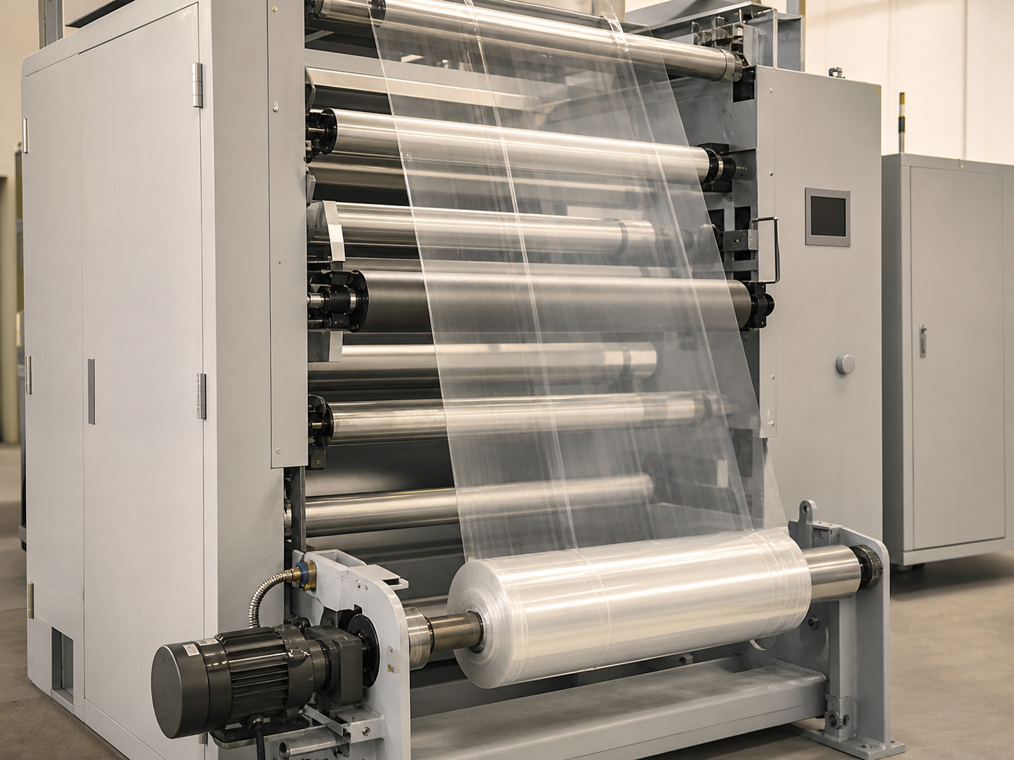 Transparent plastic film running through industrial rollers