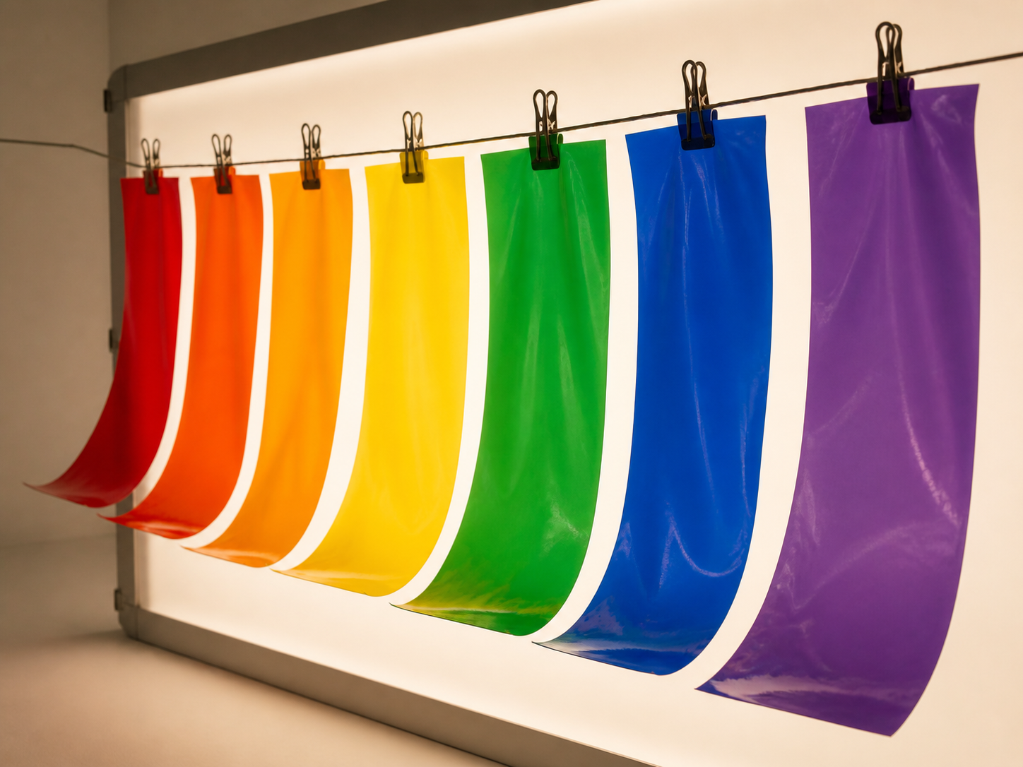 Printed film panels in a range of colours hung up for checking