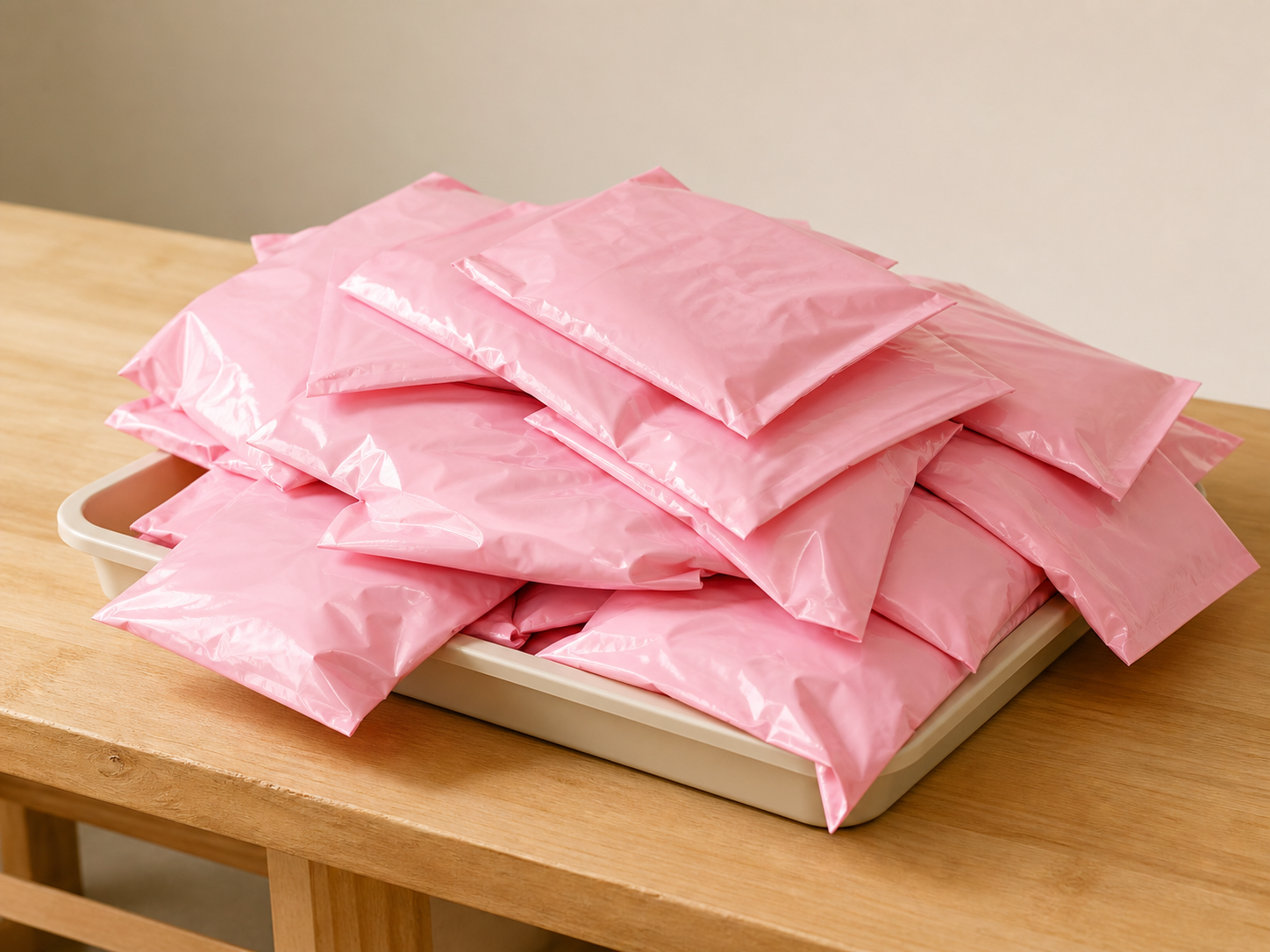 A short run of printed bags stacked after production
